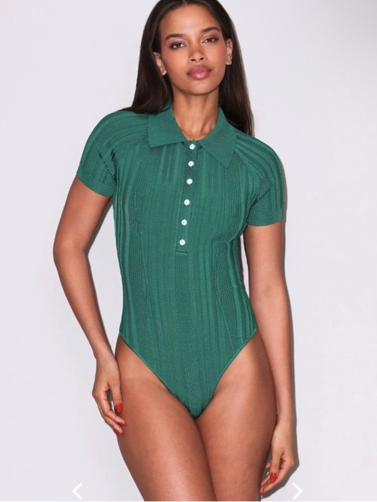 Fleur du Mal Tops - Fleur du Mal Ribbed Collar Button Neck Polo Bodysuit Lucky Green Size Large